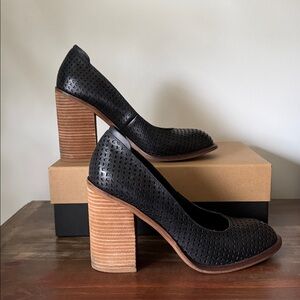 KELSI DAGGER BROOKLYN Hall Pump Laser Cut Black Leather Stacked Heel - Size 9